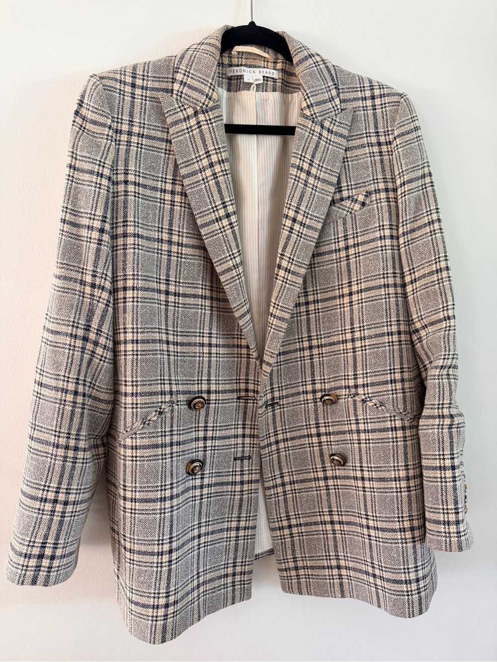 Veronica Beard Double-Breasted Plaid Blazer in Beige and Navy